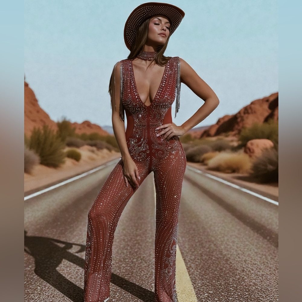 Western rhinestone fringe festival jumpsuit, cowgirl outfit, diamond jumpsuit
